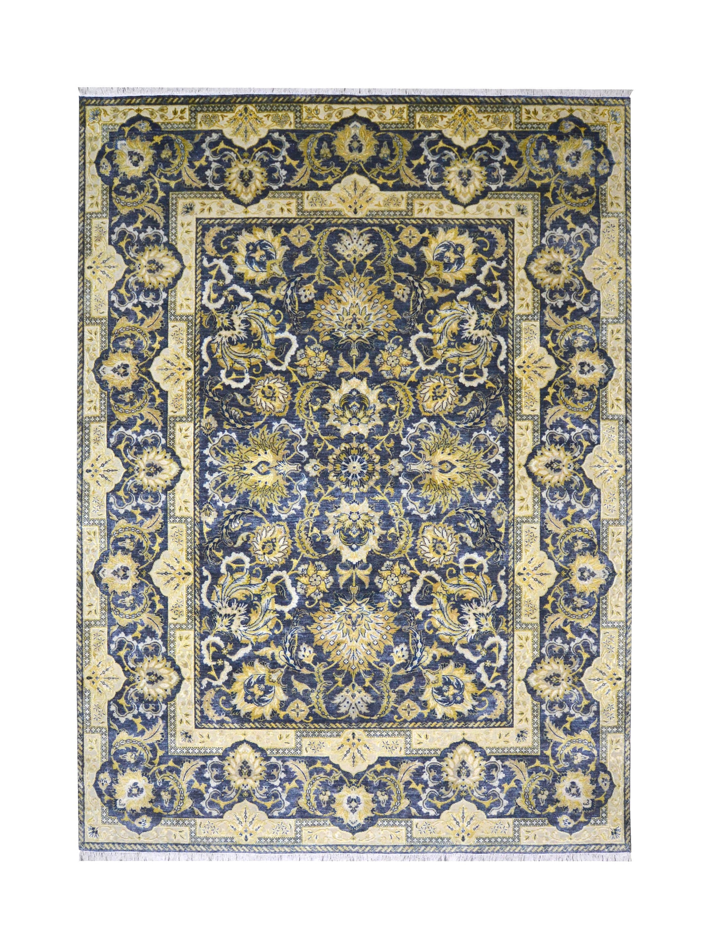 Navy Blue and Gold Silk and Wool Oxidized Persian Traditional Handknotted 9.0x12.5ft 274x377Cms Area Rug