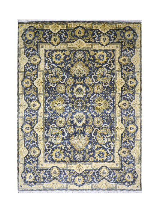 Navy Blue and Gold Silk and Wool Oxidized Persian Traditional Handknotted 9.0x12.5ft 274x377Cms Area Rug