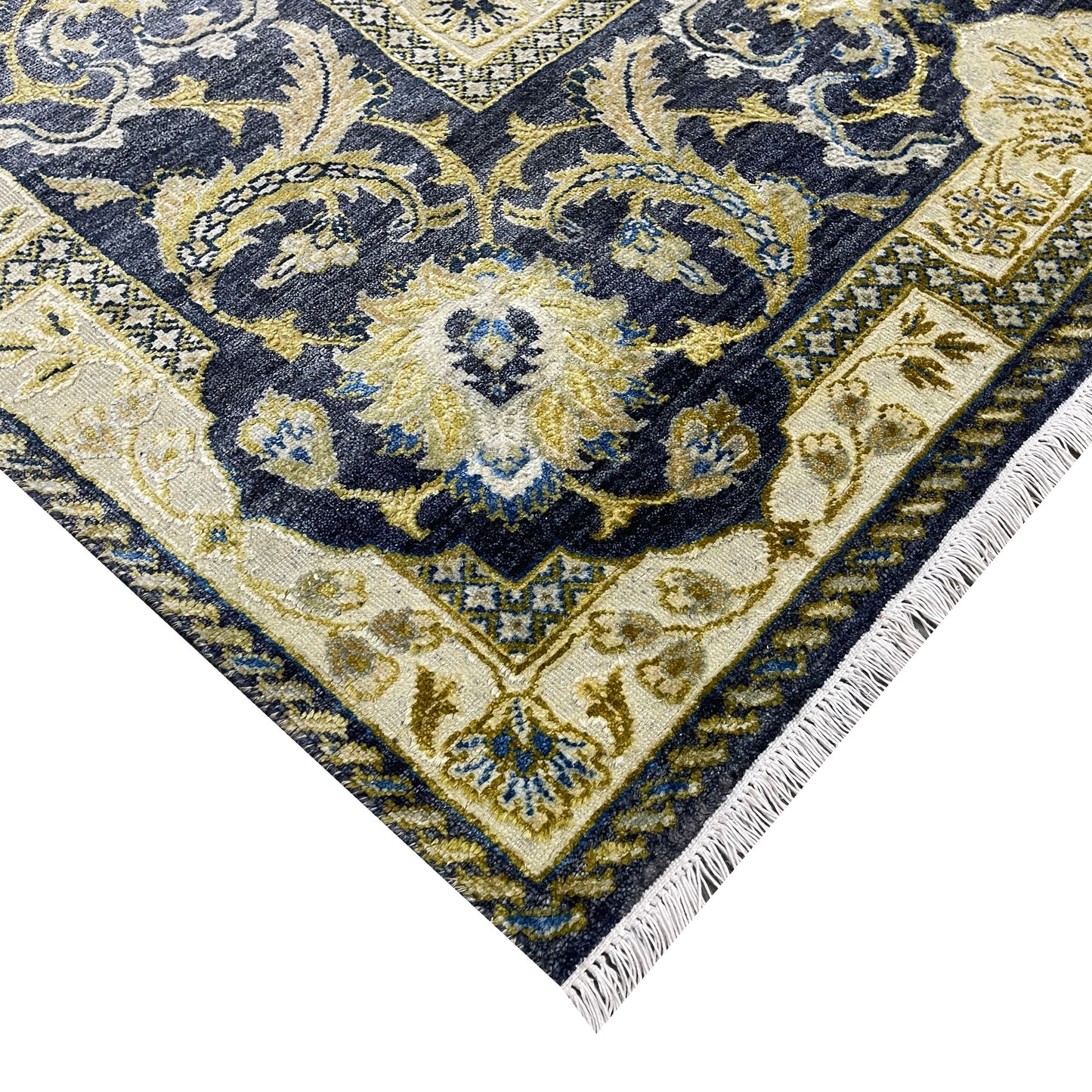 Navy Blue and Gold Silk and Wool Oxidized Persian Traditional Handknotted 9.0x12.5ft 274x377Cms Area Rug