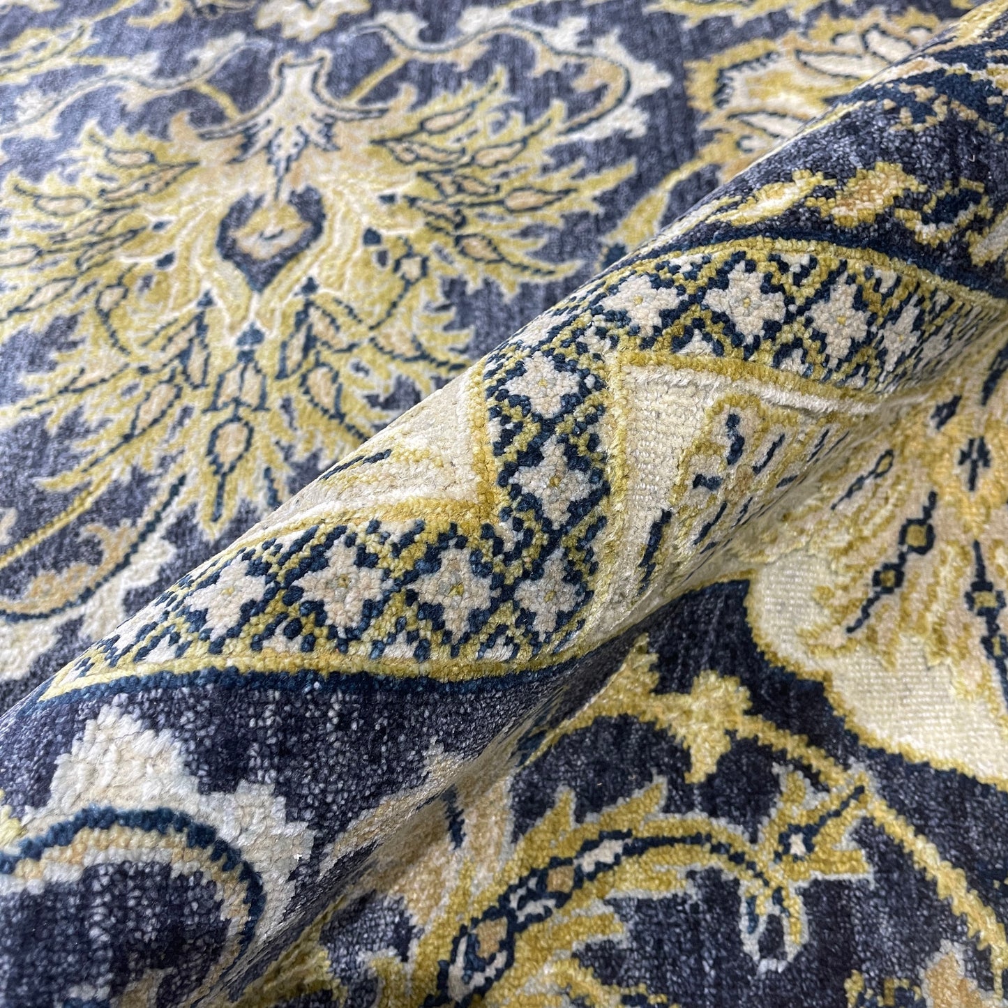 Navy Blue and Gold Silk and Wool Oxidized Persian Traditional Handknotted 9.0x12.5ft 274x377Cms Area Rug