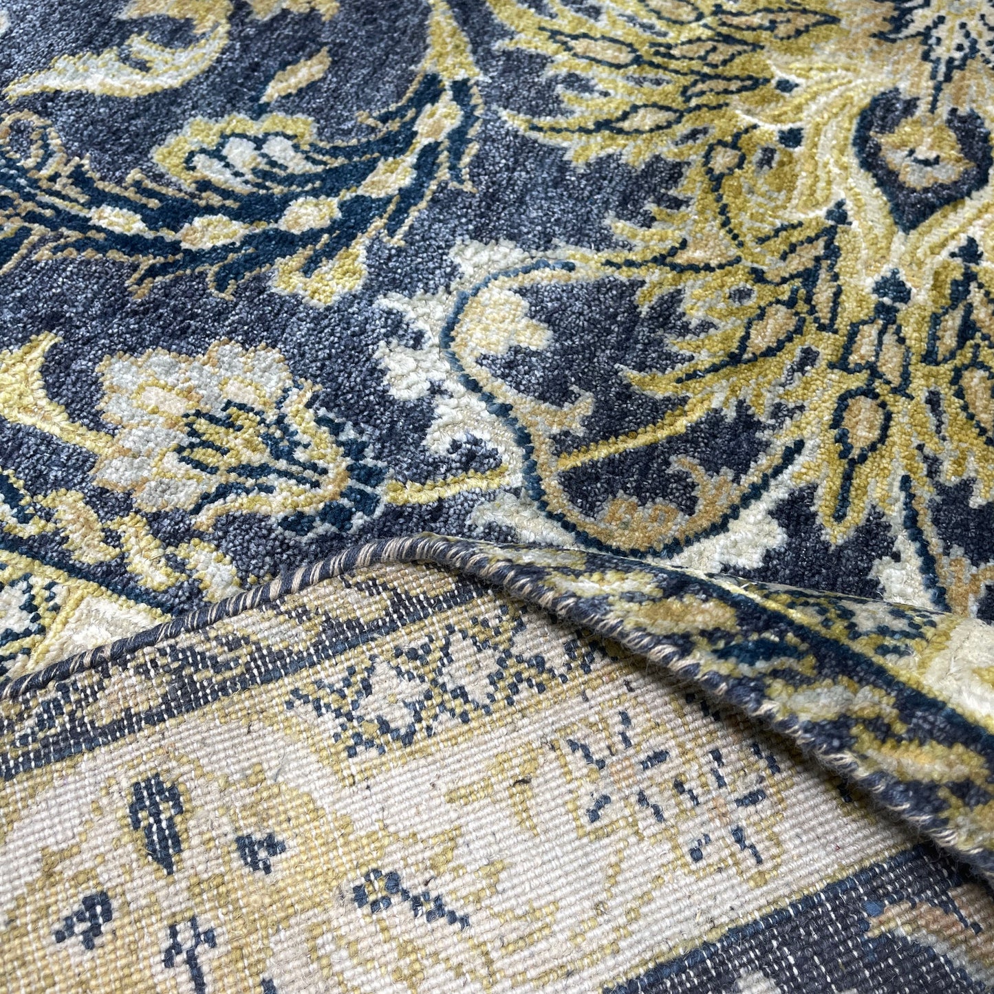 Navy Blue and Gold Silk and Wool Oxidized Persian Traditional Handknotted 9.0x12.5ft 274x377Cms Area Rug