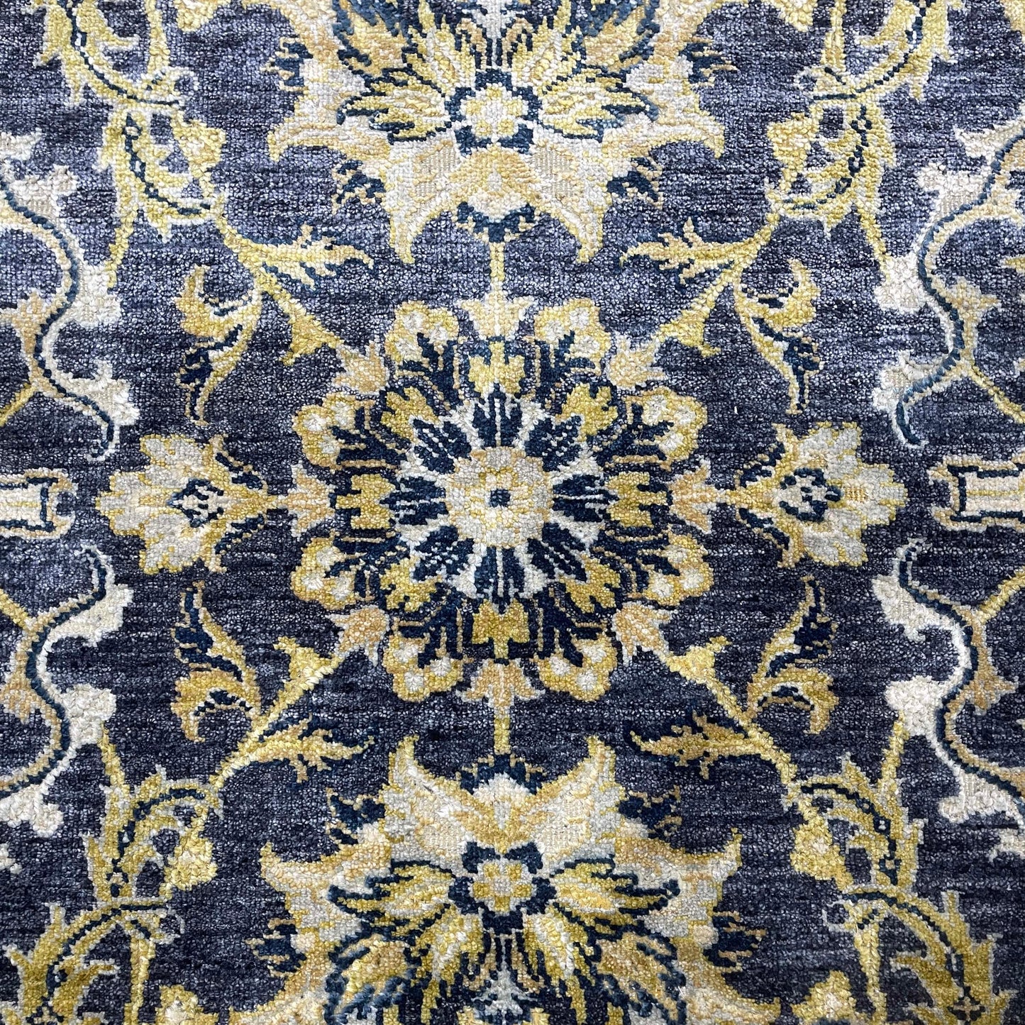 Navy Blue and Gold Silk and Wool Oxidized Persian Traditional Handknotted 9.0x12.5ft 274x377Cms Area Rug