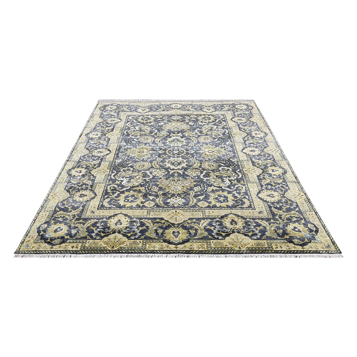 Navy Blue and Gold Silk and Wool Oxidized Persian Traditional Handknotted 9.0x12.5ft 274x377Cms Area Rug