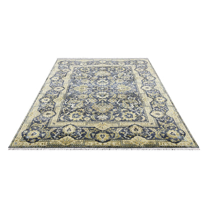Navy Blue and Gold Silk and Wool Oxidized Persian Traditional Handknotted 9.0x12.5ft 274x377Cms Area Rug