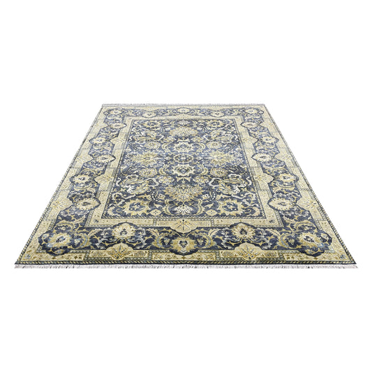 Navy Blue and Gold Silk and Wool Oxidized Persian Traditional Handknotted 9.0x12.5ft 274x377Cms Area Rug