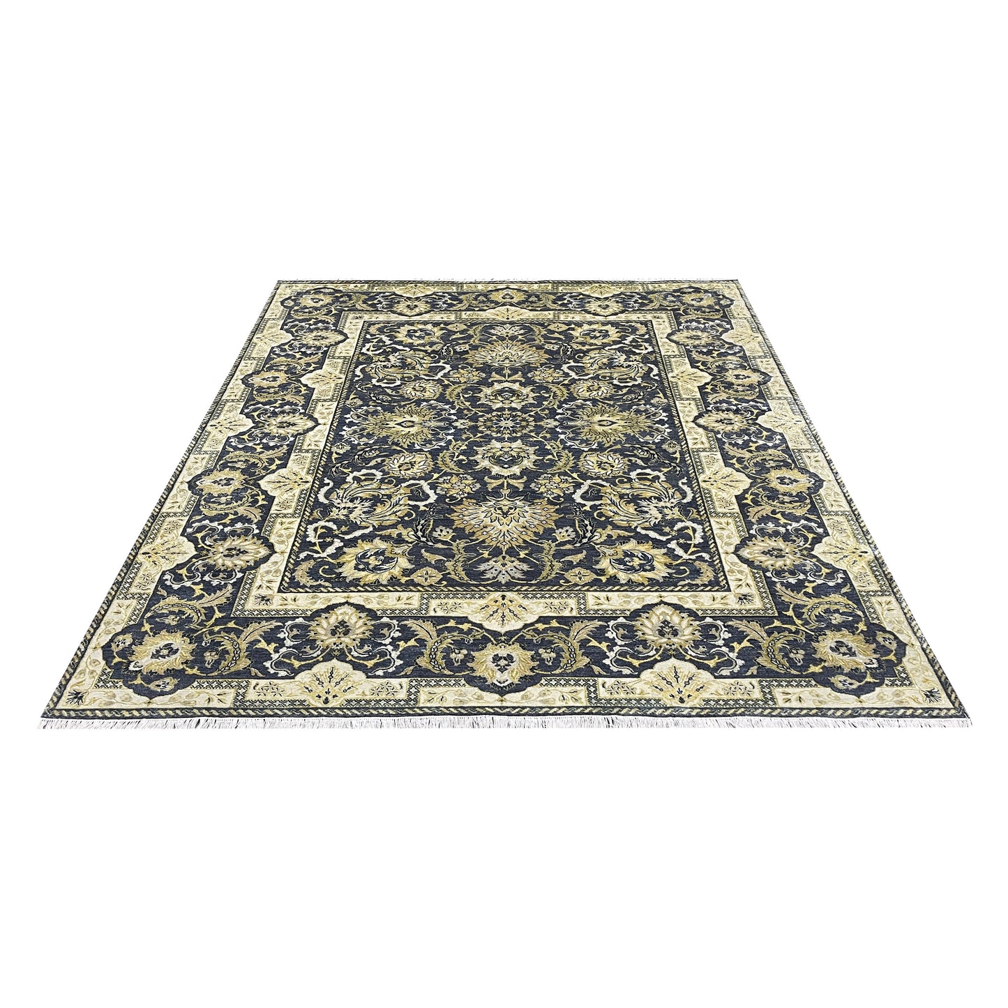 Navy Blue and Gold Silk and Wool Oxidized Persian Traditional Handknotted 9.0x12.5ft 274x377Cms Area Rug
