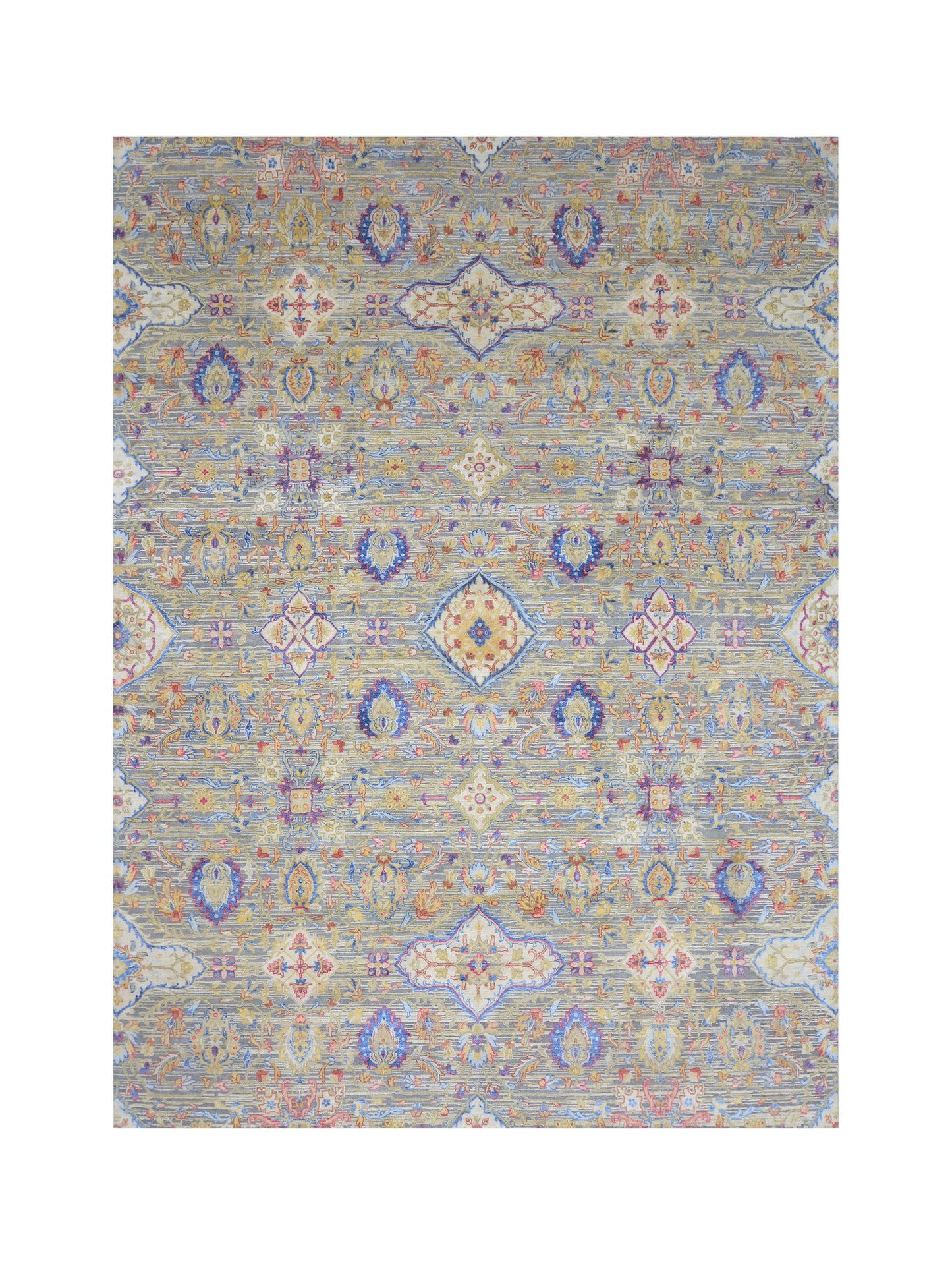 Gery and Ivory Silk and Wool Oxidized Persian Tabriz Transitional Handknotted 8.11x12.2ft 271x371Cms Area Rug