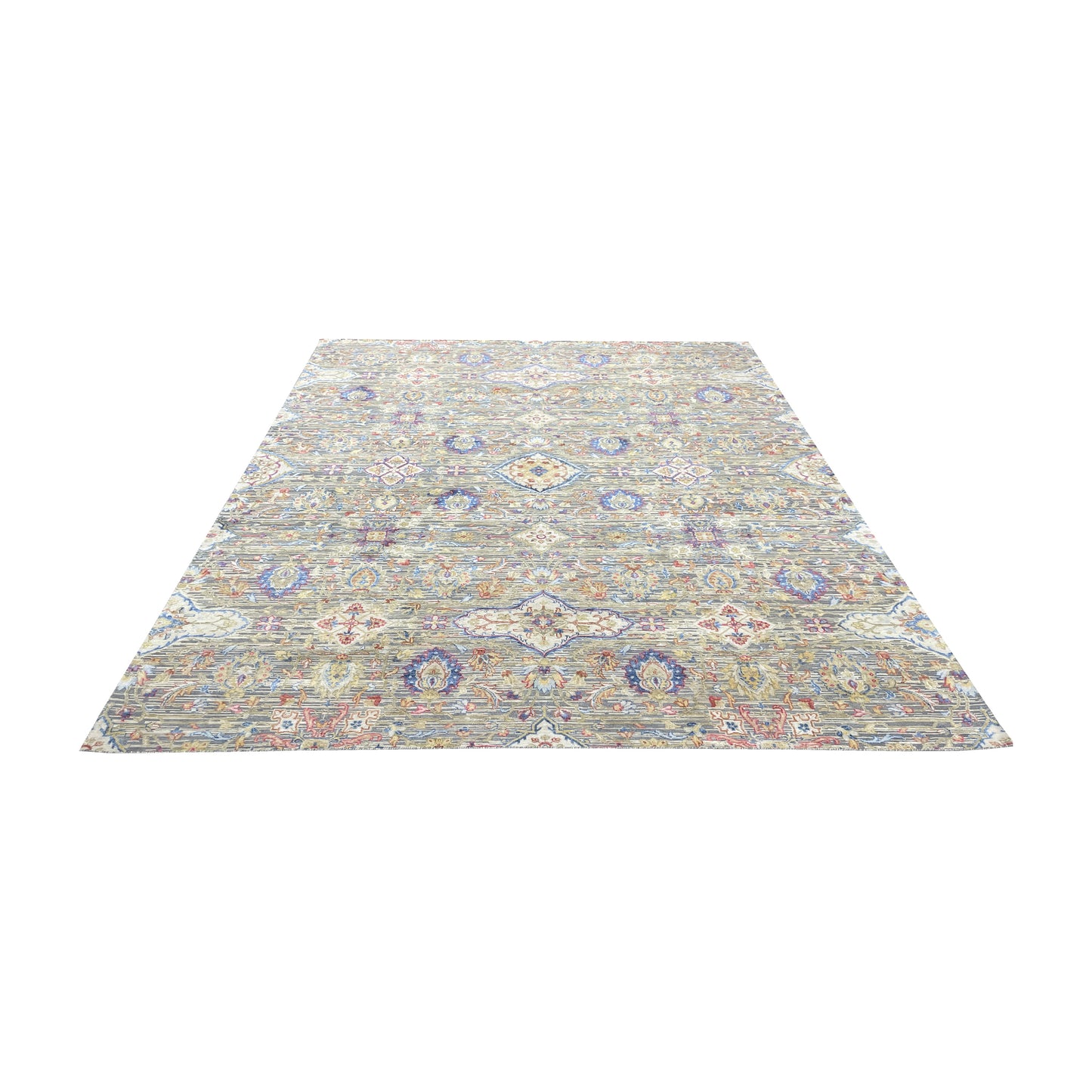 Gery and Ivory Silk and Wool Oxidized Persian Tabriz Transitional Handknotted 8.11x12.2ft 271x371Cms Area Rug