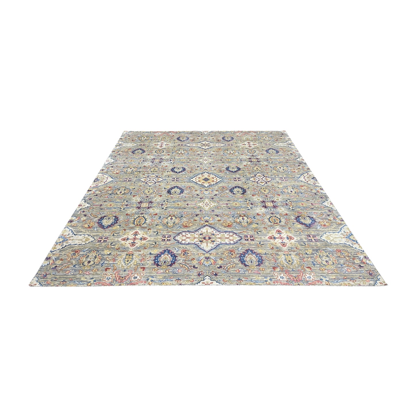 Gery and Ivory Silk and Wool Oxidized Persian Tabriz Transitional Handknotted 8.11x12.2ft 271x371Cms Area Rug