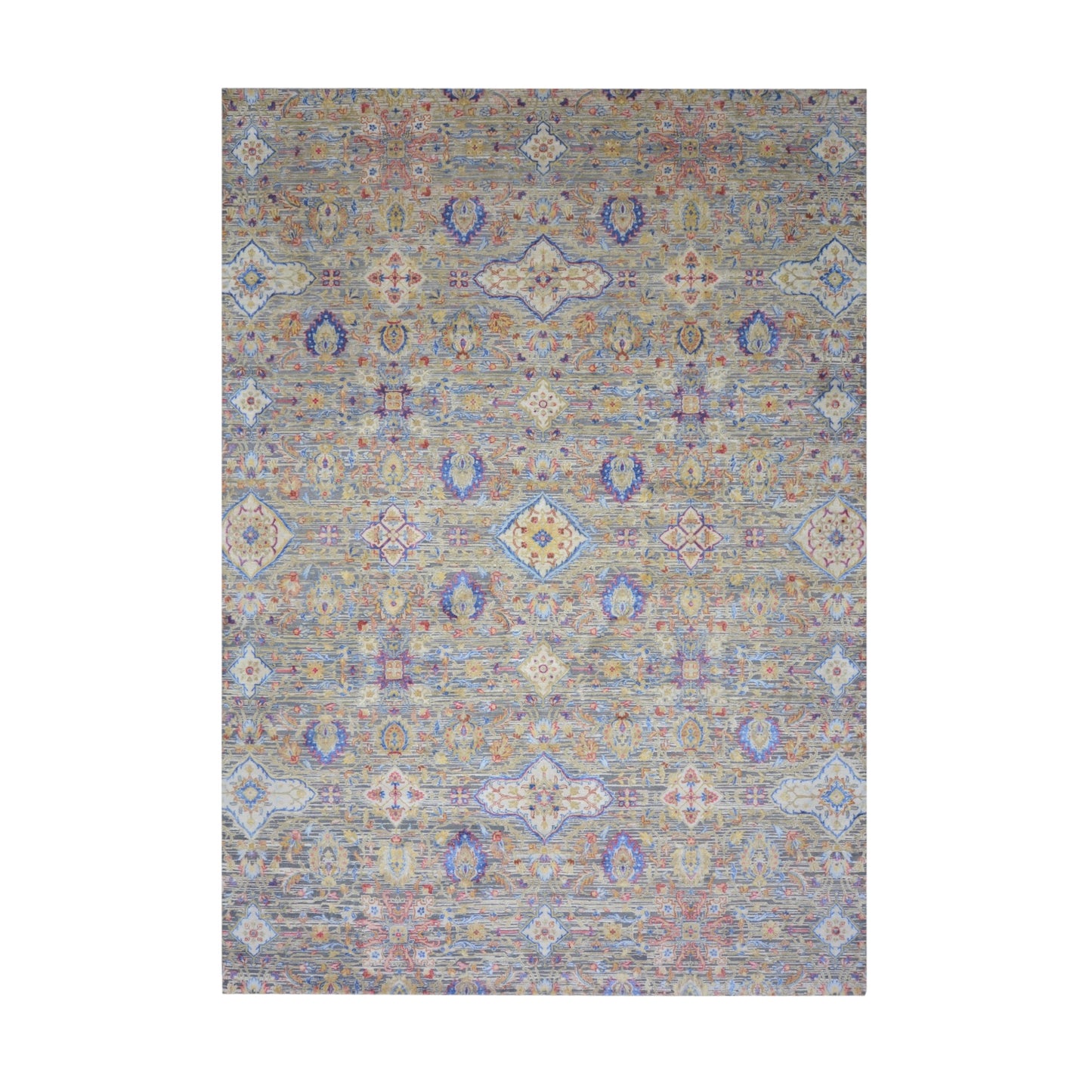 Gery and Ivory Silk and Wool Oxidized Persian Tabriz Transitional Handknotted 10.0x14.2ft 304x432Cms Area Rug