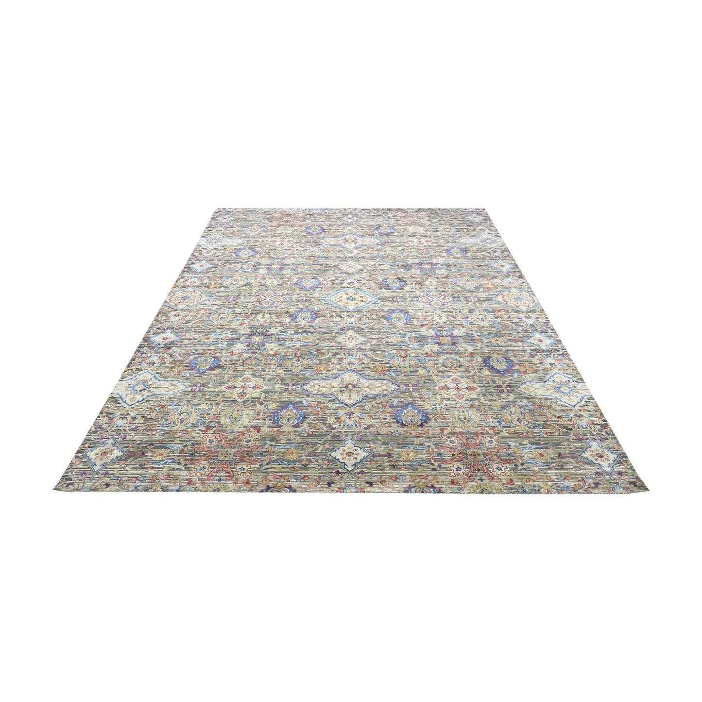 Gery and Ivory Silk and Wool Oxidized Persian Tabriz Transitional Handknotted 10.0x14.2ft 304x432Cms Area Rug