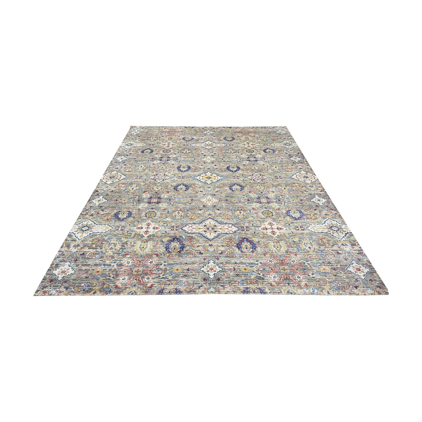Gery and Ivory Silk and Wool Oxidized Persian Tabriz Transitional Handknotted 10.0x14.2ft 304x432Cms Area Rug