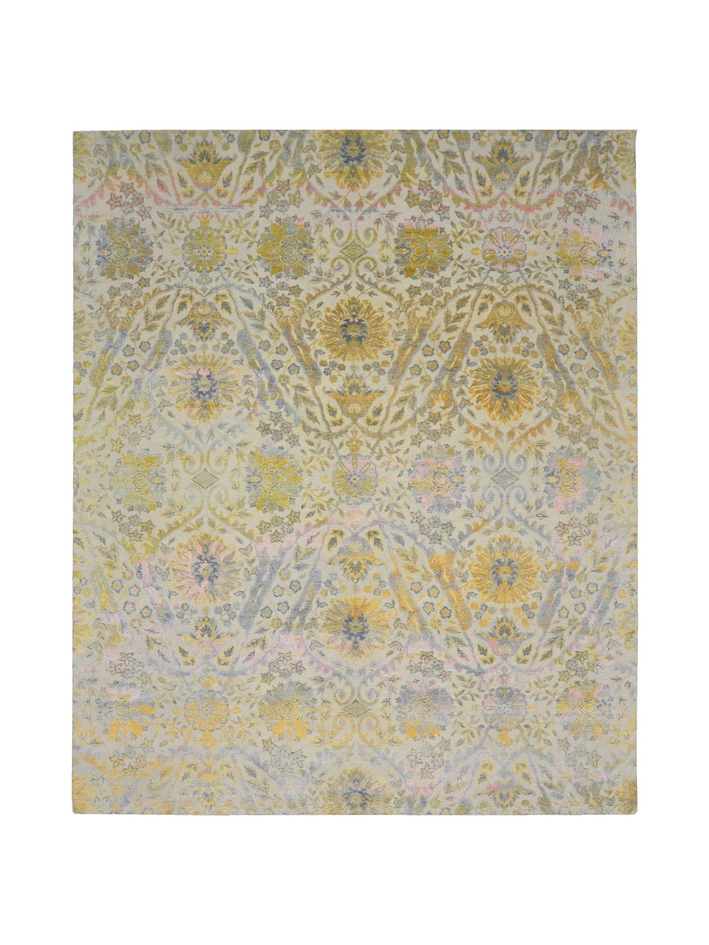 Gold and Ivory Silk and Wool Oxidized Persian Bidzar Transitional Handknotted 8.2x10.0ft 248x306Cms Area Rug