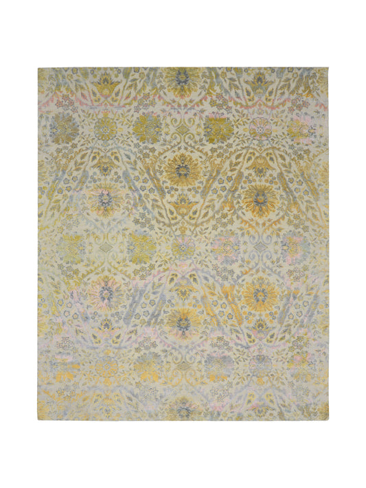 Gold and Ivory Silk and Wool Oxidized Persian Bidzar Transitional Handknotted 8.2x10.0ft 248x306Cms Area Rug