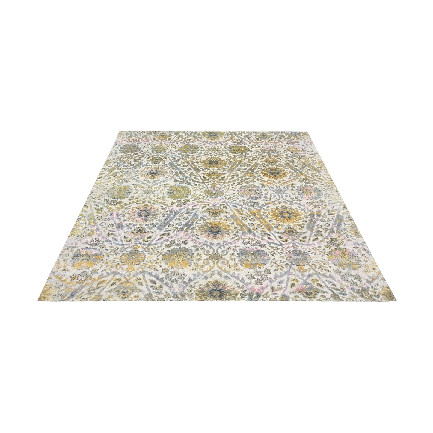Gold and Ivory Silk and Wool Oxidized Persian Bidzar Transitional Handknotted 8.2x10.0ft 248x306Cms Area Rug