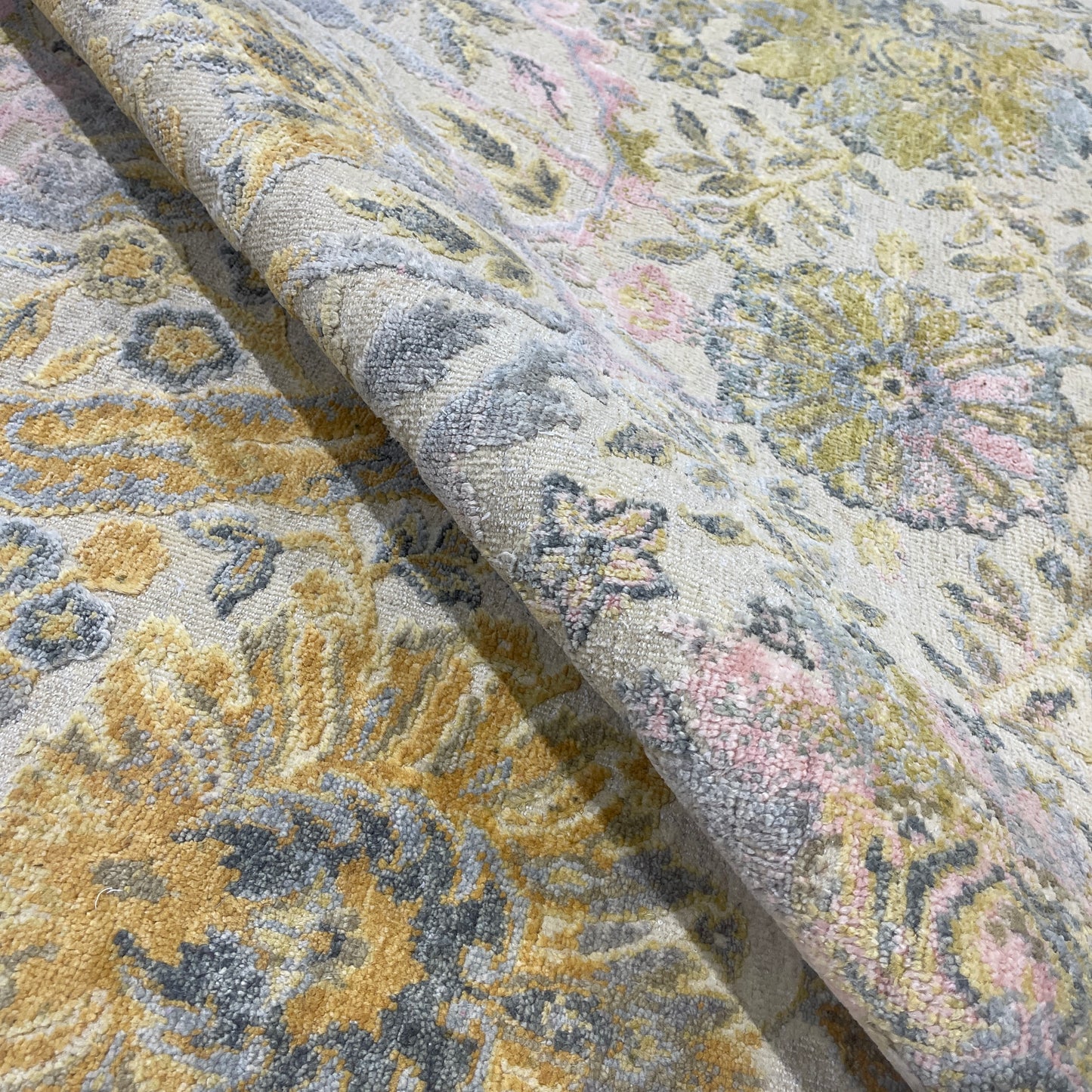 Gold and Ivory Silk and Wool Oxidized Persian Bidzar Transitional Handknotted 8.2x10.0ft 248x306Cms Area Rug