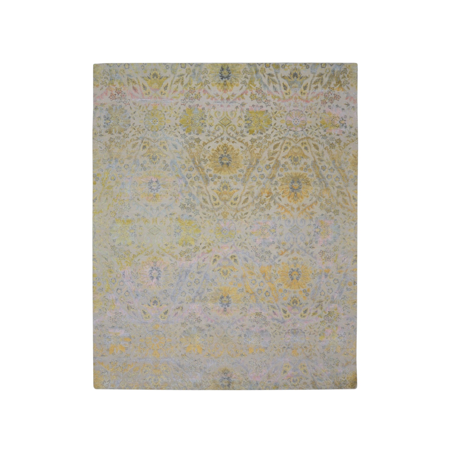 Gold and Ivory Silk and Wool Oxidized Persian Bidzar Transitional Handknotted 8.2x10.0ft 248x306Cms Area Rug