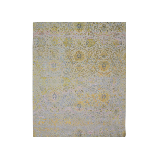 Gold and Ivory Silk and Wool Oxidized Persian Bidzar Transitional Handknotted 8.2x10.0ft 248x306Cms Area Rug