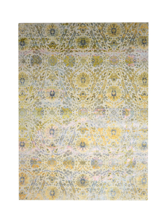 Gold and Ivory Silk and Wool Oxidized Persian Bidzar Transitional Handknotted 9.0x12.3ft 274x374Cms Area Rug