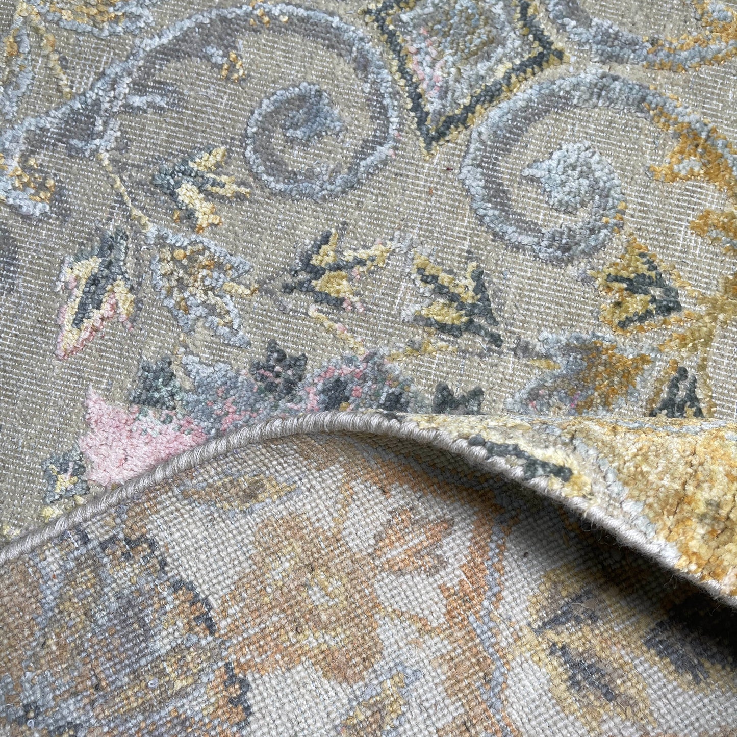 Gold and Ivory Silk and Wool Oxidized Persian Bidzar Transitional Handknotted 9.0x12.3ft 274x374Cms Area Rug