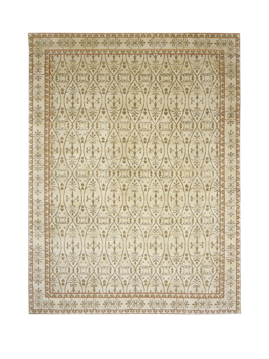 Ivory and Brown, Wool Thick Pile Transitional Handknotted 9.1x12.1ft 276x366Cms Area Rug