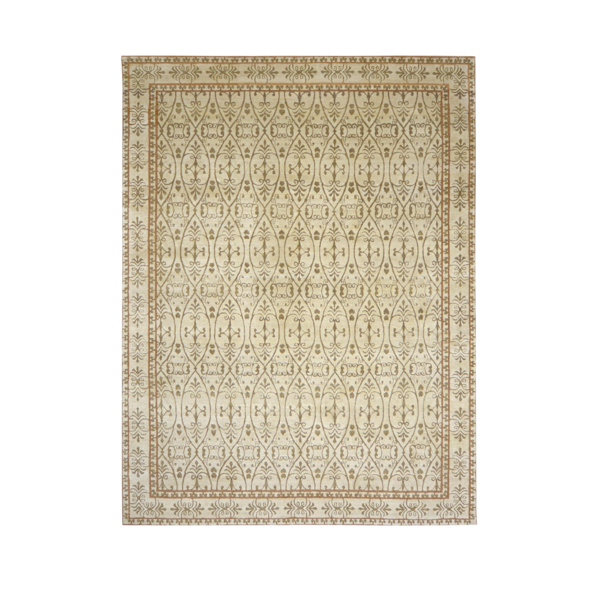 Ivory and Brown, Wool Thick Pile Transitional Handknotted 9.1x12.1ft 276x366Cms Area Rug