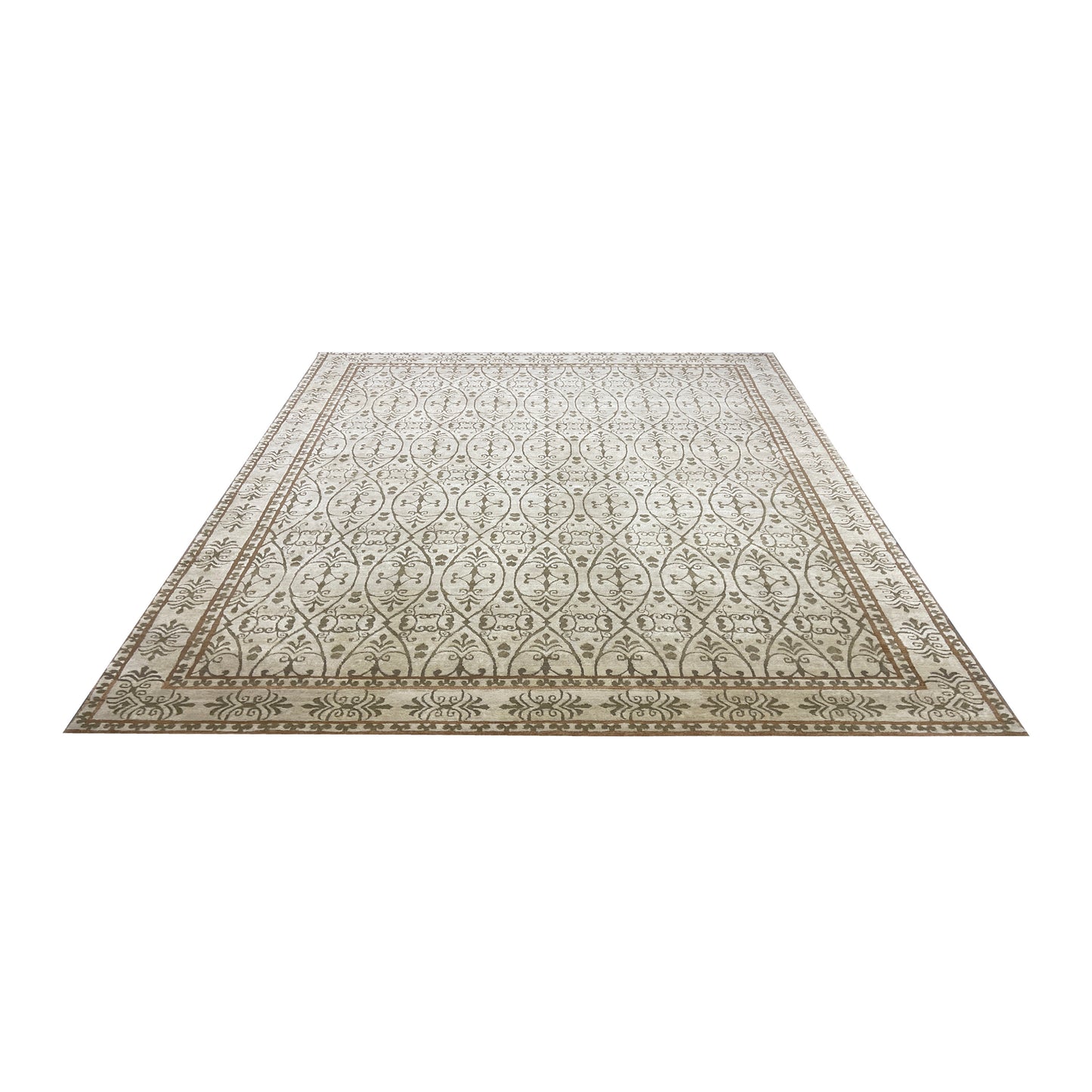 Ivory and Brown, Wool Thick Pile Transitional Handknotted 9.1x12.1ft 276x366Cms Area Rug