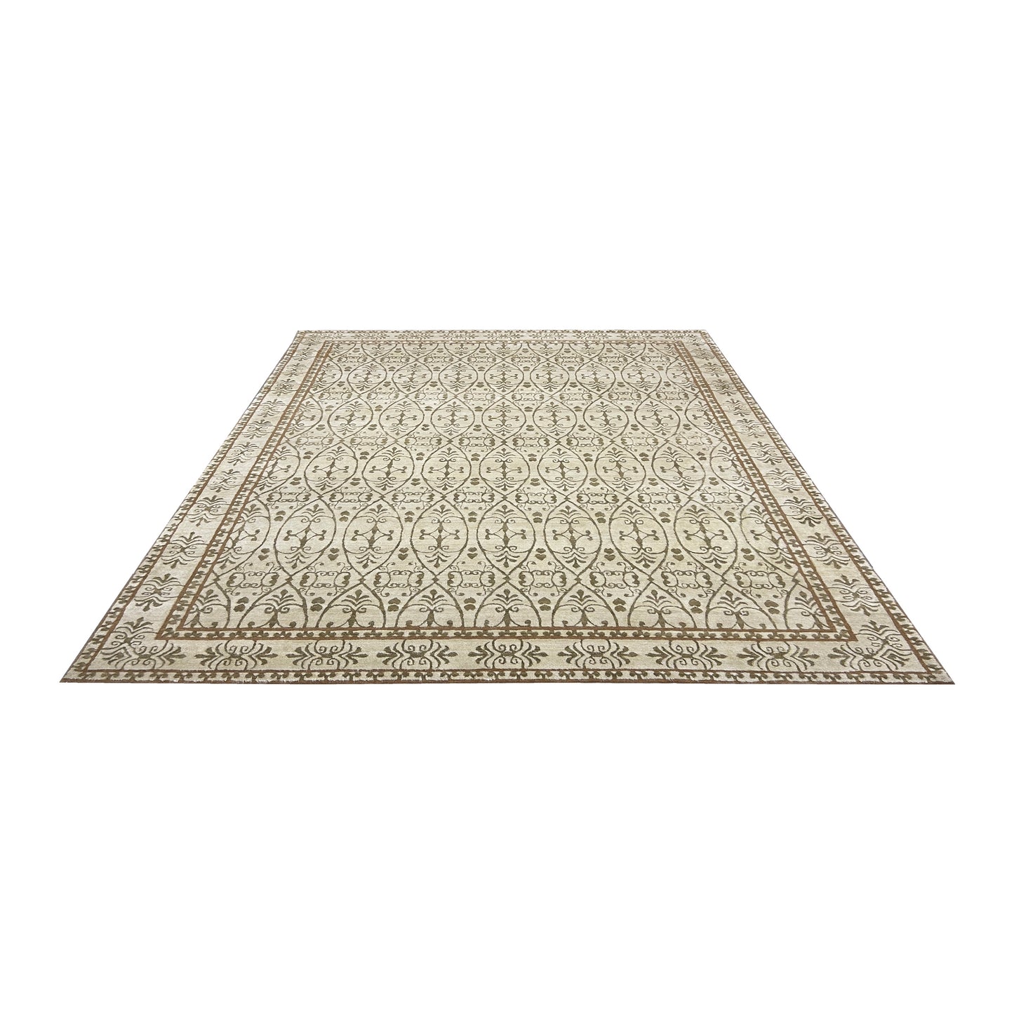 Ivory and Brown, Wool Thick Pile Transitional Handknotted 9.1x12.1ft 276x366Cms Area Rug