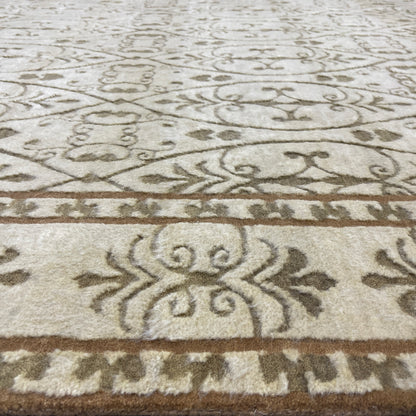Ivory and Brown, Wool Thick Pile Transitional Handknotted 9.1x12.1ft 276x366Cms Area Rug
