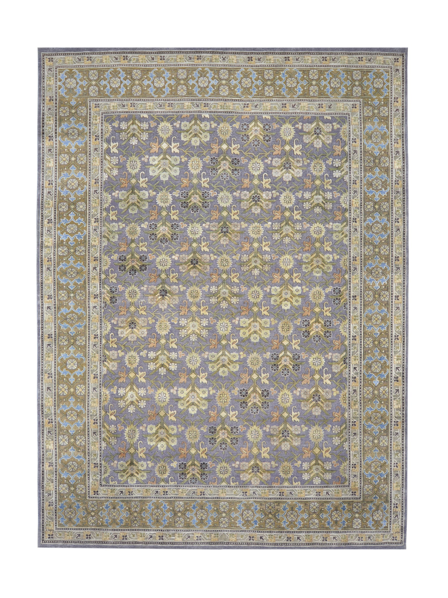 Garden Lavender, Camel, Ivory and Multy Pure Silk Transitional Geometrical Handknotted Area Rug 8.11x12.3ft 273x372Cms