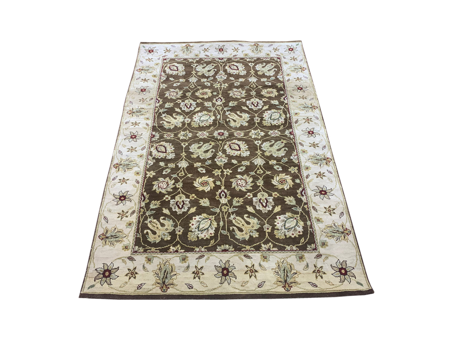 Ivory and Brown Pure Silk Traditional Luxurious Handknotted Area Rug