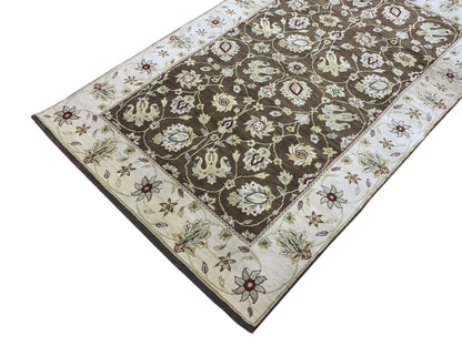 Ivory and Brown Pure Silk Traditional Luxurious Handknotted Area Rug