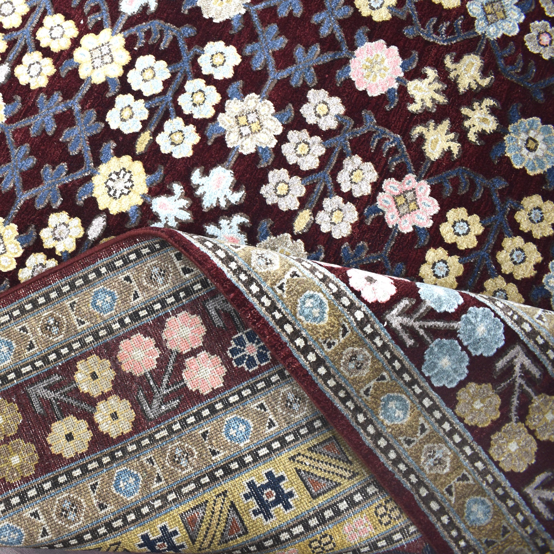 Get trendy with Bouquet Samarkand Red, Camel and Multy Transitional Silk and Wool  Handknotted Area Rug - Transitional Rugs available at Jaipur Oriental Rugs. Grab yours for $5899.00 today!