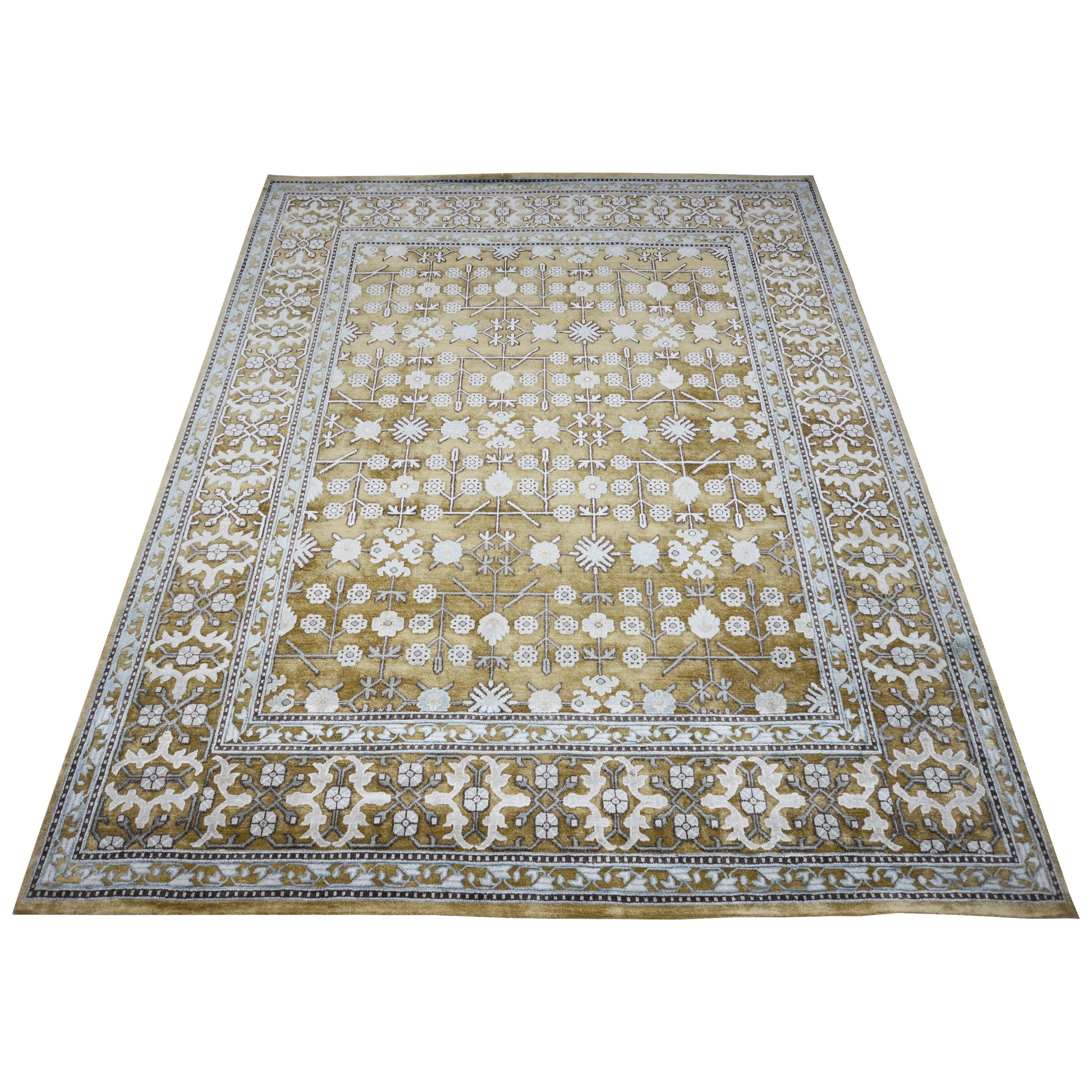 Get trendy with Garden Camel Ivory and Blue Traditional Samarkand Handknotted Area Rug - Traditional Rugs available at Jaipur Oriental Rugs. Grab yours for $4570.00 today!