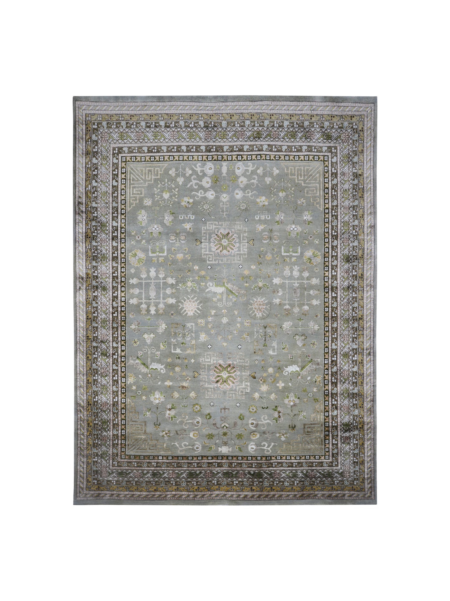 Grey and Brown, Silk and Wool Hi-Lo Traditional Handknotted 7.11x10.4Ft 241x314Cms Area Rug