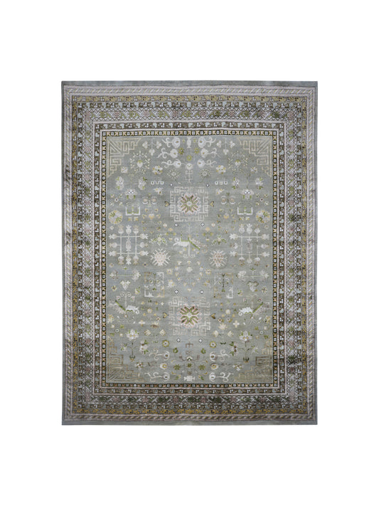Grey and Brown, Silk and Wool Hi-Lo Traditional Handknotted 7.11x10.4Ft 241x314Cms Area Rug
