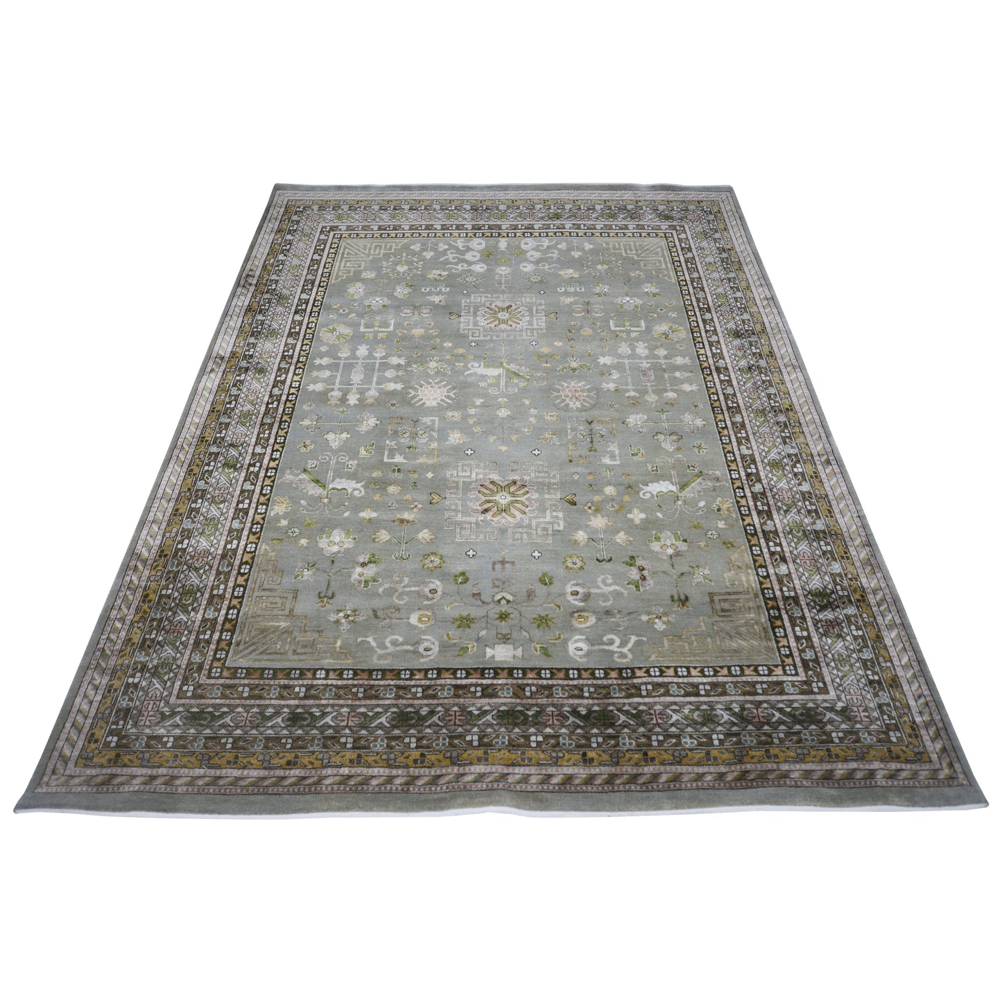 Grey and Brown, Silk and Wool Hi-Lo Traditional Handknotted 7.11x10.4Ft 241x314Cms Area Rug