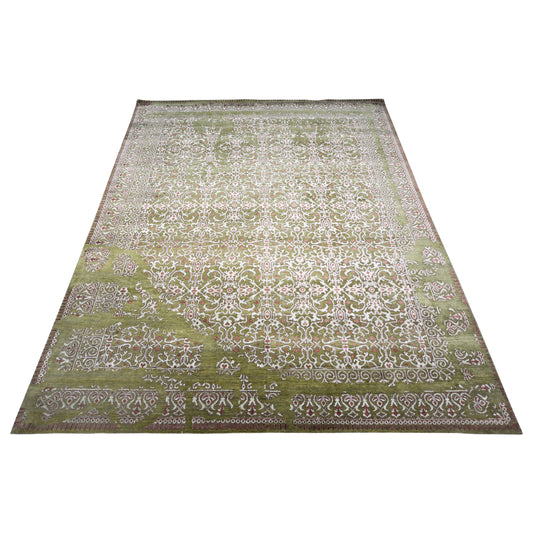 Garden Olive Green, Ivory and Red Transitional Erased Handknotted 7.11x10.3Ft 242x311Cms Area Rug
