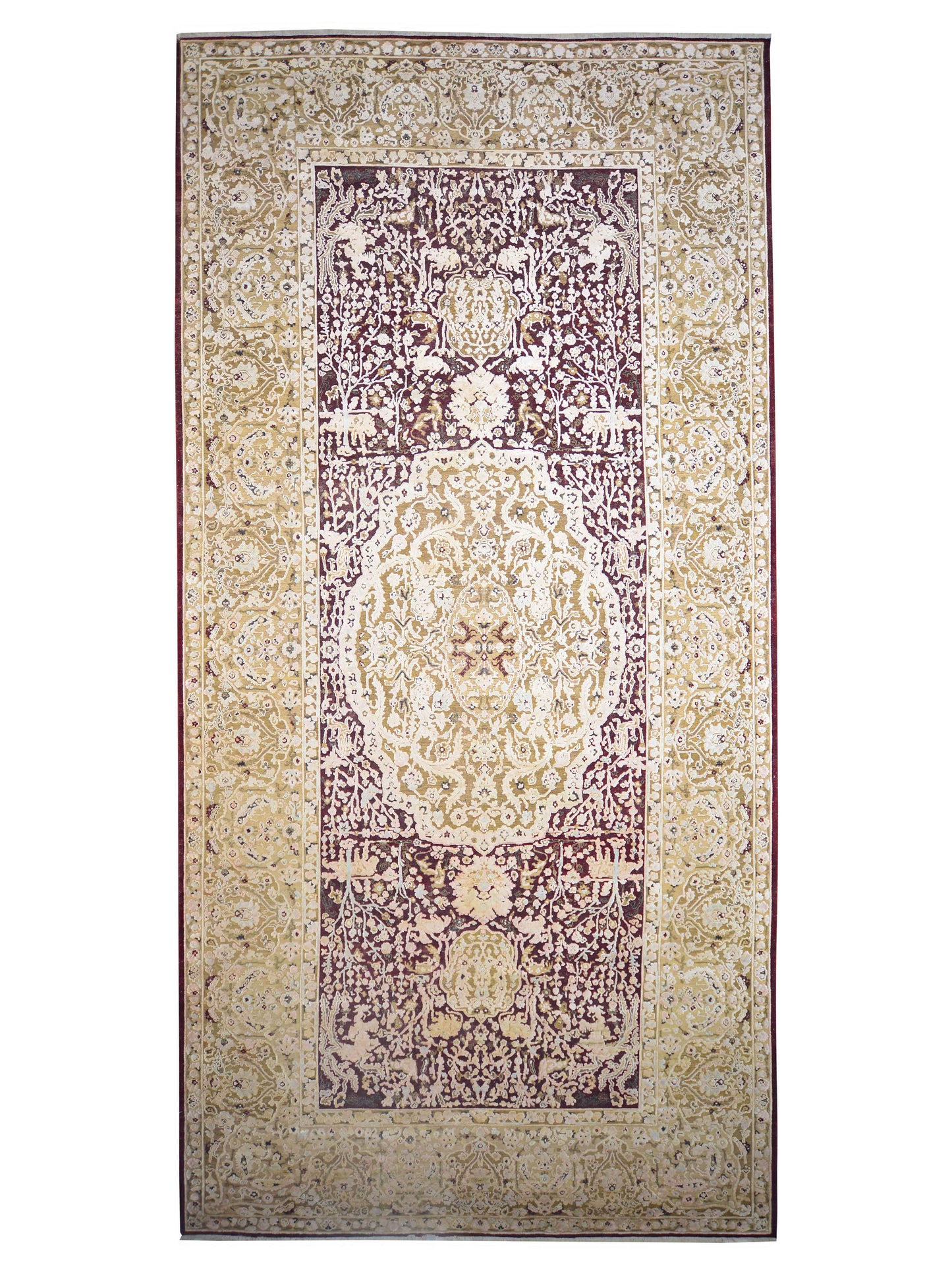 Gold and Maroon, Pure Wool Antique Lamani Handknotted 10.0x21.0Ft 304x640Cms Area Rug