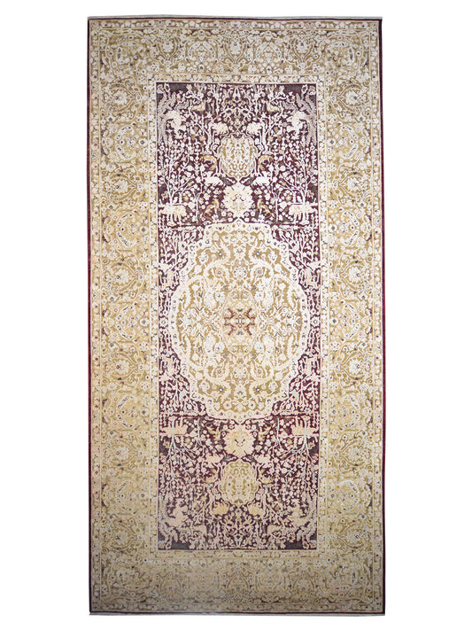 Gold and Maroon, Pure Wool Antique Lamani Handknotted 10.0x21.0Ft 304x640Cms Area Rug