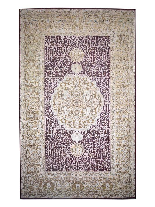Gold and Maroon, Pure Wool Antique Lamani Handknotted 13.0x21.0Ft 396x640Cms Area Rug