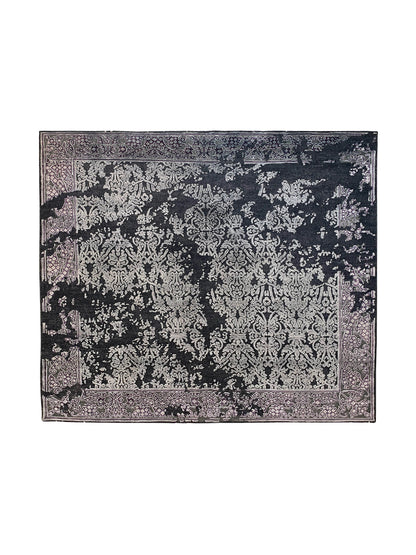 Black and Silver, Silk and Wool Oxidized Assorted Transitional Erased Handknotted 7.10x8.4Ft 240x255Cms Area Rug