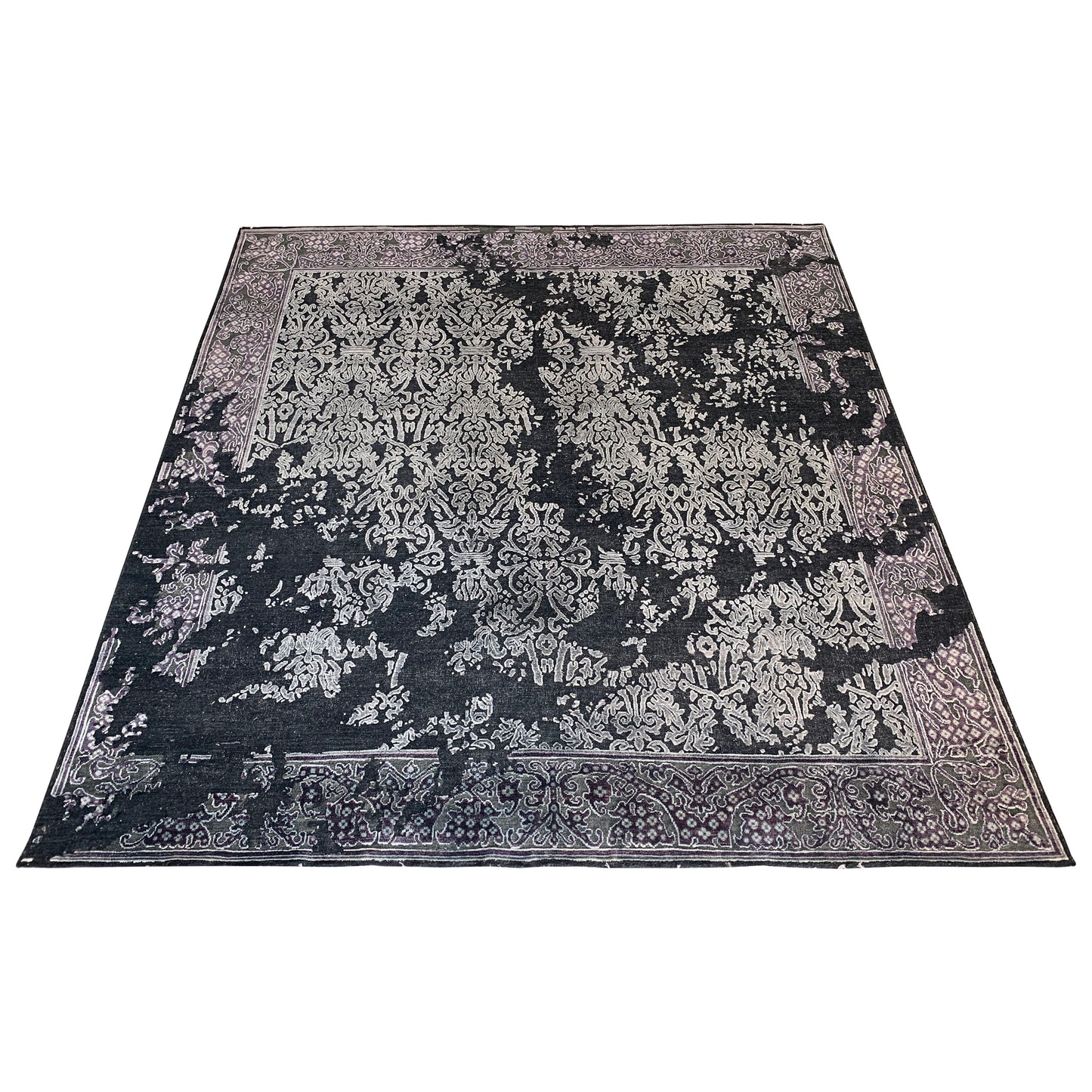 Black and Silver, Silk and Wool Oxidized Assorted Transitional Erased Handknotted 7.10x8.4Ft 240x255Cms Area Rug