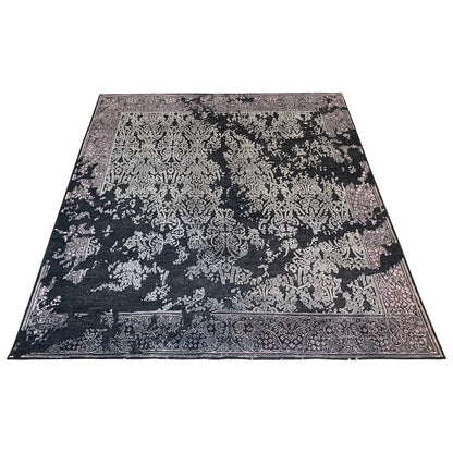 Black and Silver, Silk and Wool Oxidized Assorted Transitional Erased Handknotted 7.10x8.4Ft 240x255Cms Area Rug