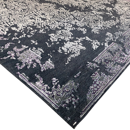 Black and Silver, Silk and Wool Oxidized Assorted Transitional Erased Handknotted 7.10x8.4Ft 240x255Cms Area Rug