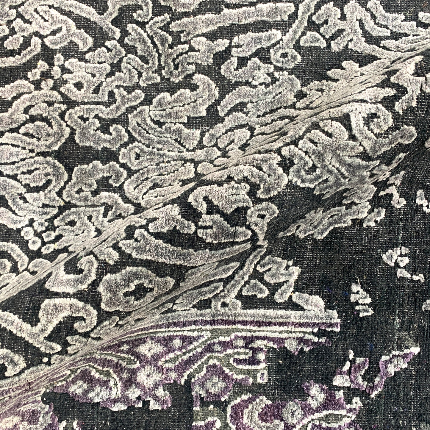 Black and Silver, Silk and Wool Oxidized Assorted Transitional Erased Handknotted 7.10x8.4Ft 240x255Cms Area Rug