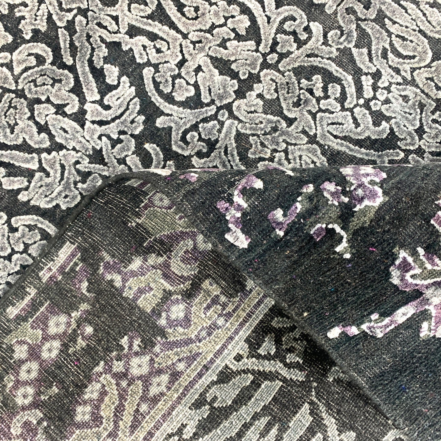 Black and Silver, Silk and Wool Oxidized Assorted Transitional Erased Handknotted 7.10x8.4Ft 240x255Cms Area Rug