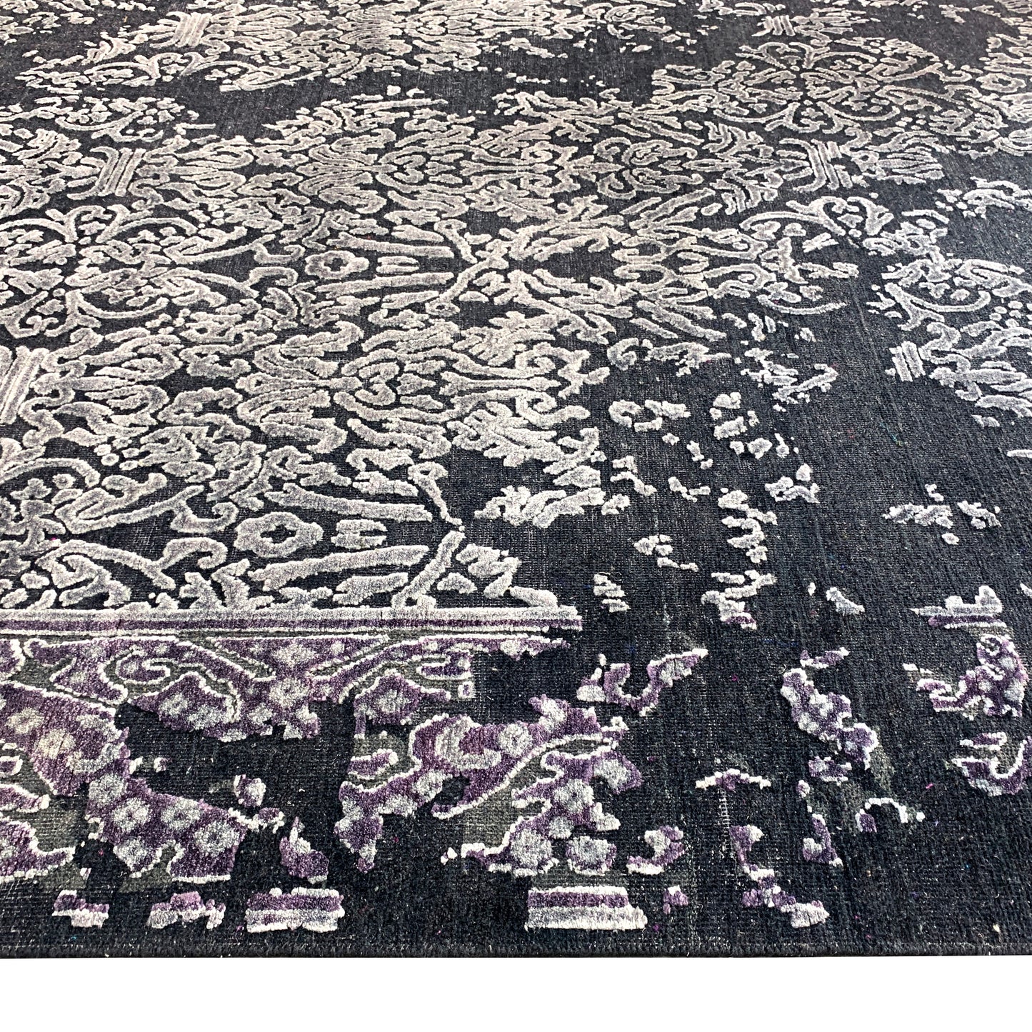 Black and Silver, Silk and Wool Oxidized Assorted Transitional Erased Handknotted 7.10x8.4Ft 240x255Cms Area Rug