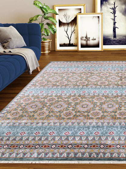 Blue and Green Pure Silk Transitional Geometrical Handknotted Area Rug