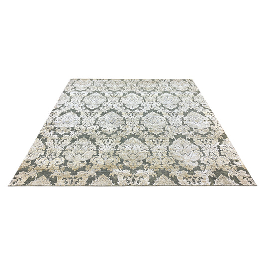 Grey and Silver, Silk and Wool Oxidized Assorted Transitional Handknotted 8.0x8.1Ft 245x248Cms Area Rug